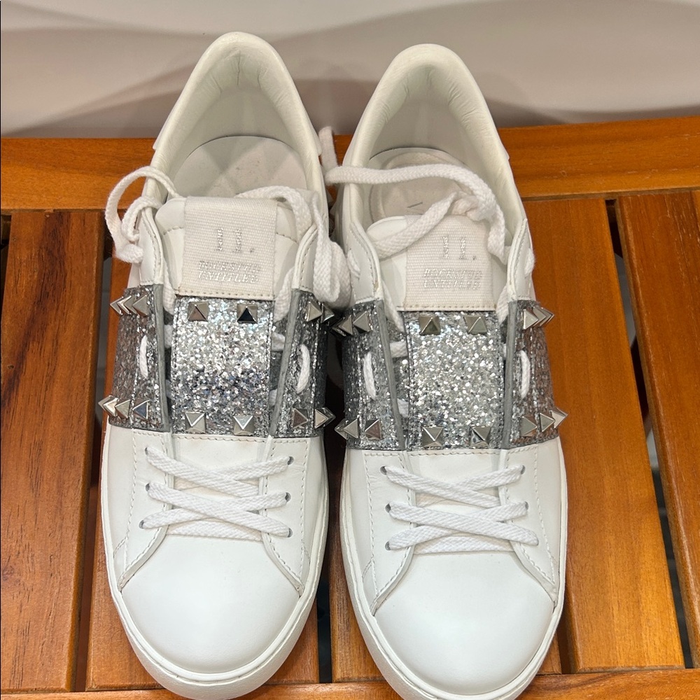 Valentino Garavani White and Silver Studded Sneakers